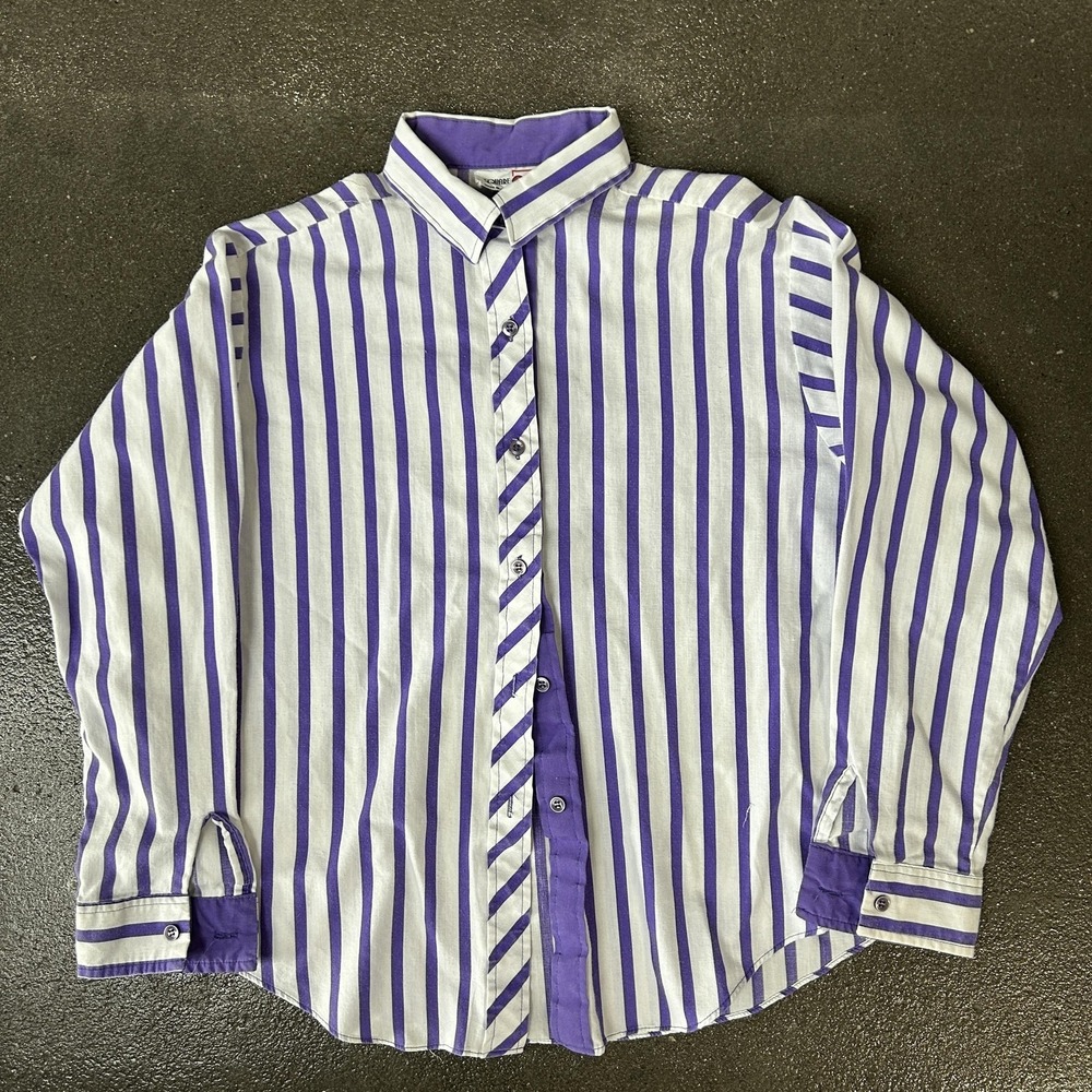 Vintage Square One Shirt Mens 40 Purple White Bold Stripe Button Front Made USA